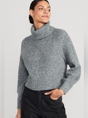 Old Navy Go-Recycled Grey Cropped Shaker-Stitch Turtleneck Sweater Sz S